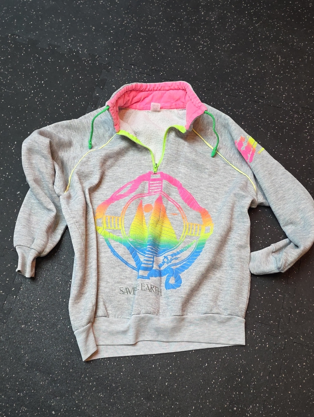 Gray Pullover Sweatshirt with Neon Rainbow Graphic